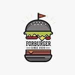 logo com um hamburguer cinza, com uma bandeira no topo, com alface, tomate, o nome forburger em preto, queijo e carne, sobre um outro pão cinza