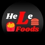 logo com um he em branco, o L em vermelho, o e em branco, ao lado de um hamburguer e sobre um pacote de batatas fritas e a palavra foods, em vermelho