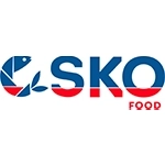 logo com um camarão e o nome sko food em azul e vermelho