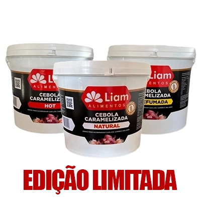 imagem com os baldes de cebola carameliza nos sabores natural, hot e defumada, com o texto edição limitada, embaixo, em vermelho