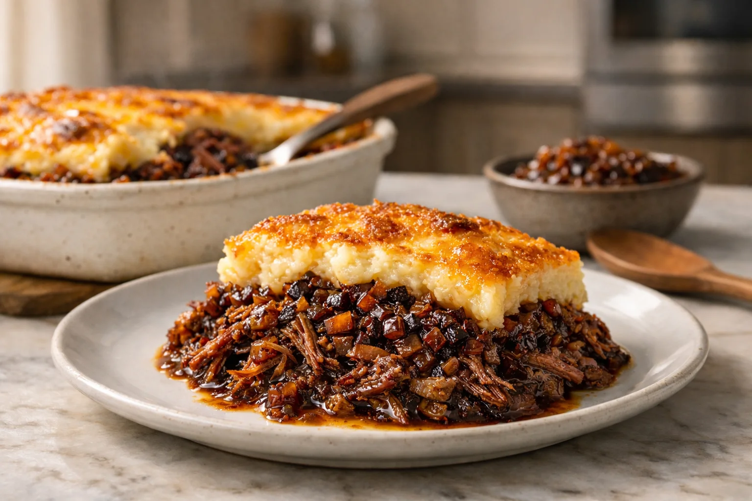 escondidinho de carne seca com cebola caramelizada