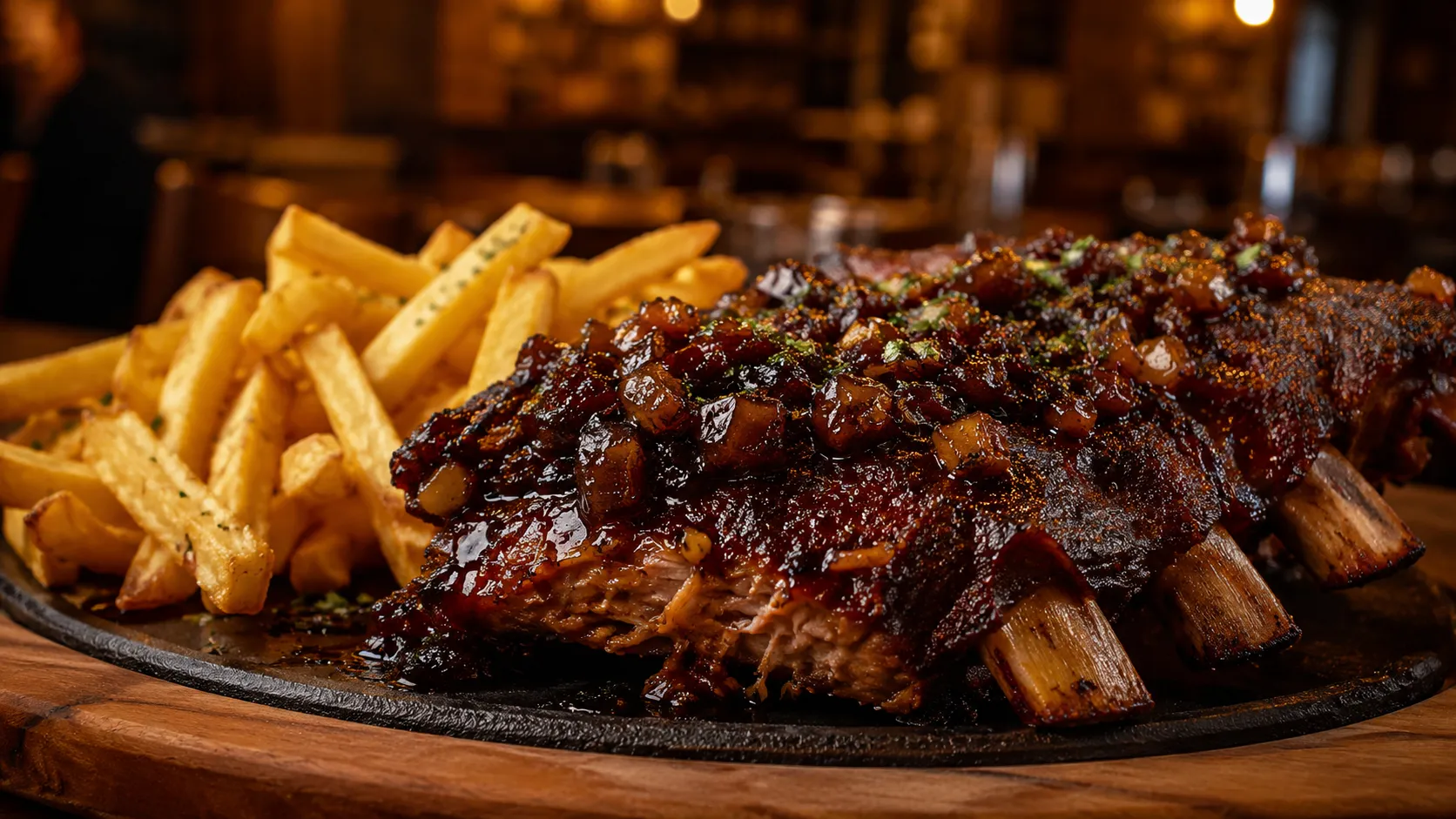 costela fritas e cebola caramelizada defumada