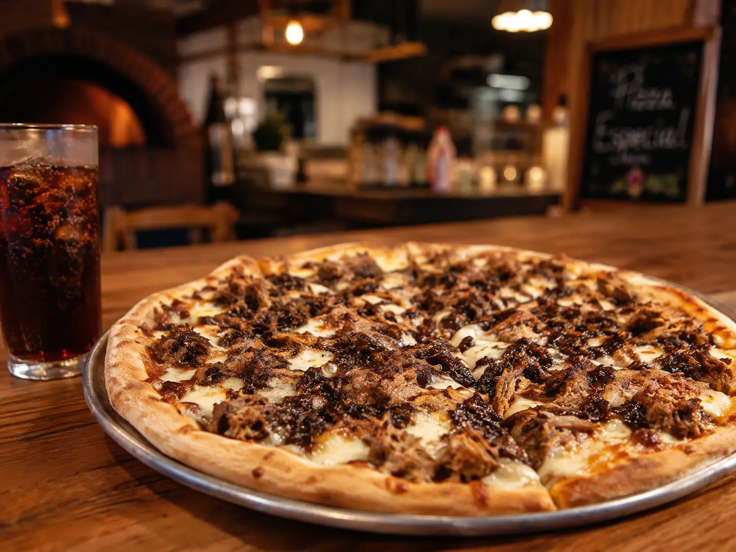 Pizza de Costela Desfiada, Provolone com Cebola Caramelizada Defumada