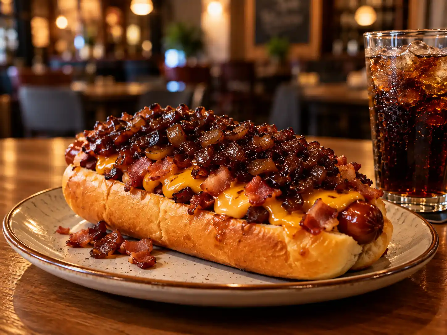 Cachorro-quente com cheddar, bacon e Cebola Caramelizada