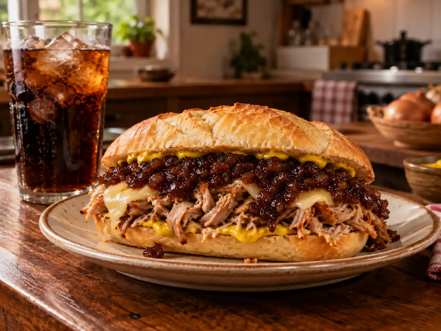 Sanduíche de Pernil com Queijo, Mostarda e Cebola Caramelizada